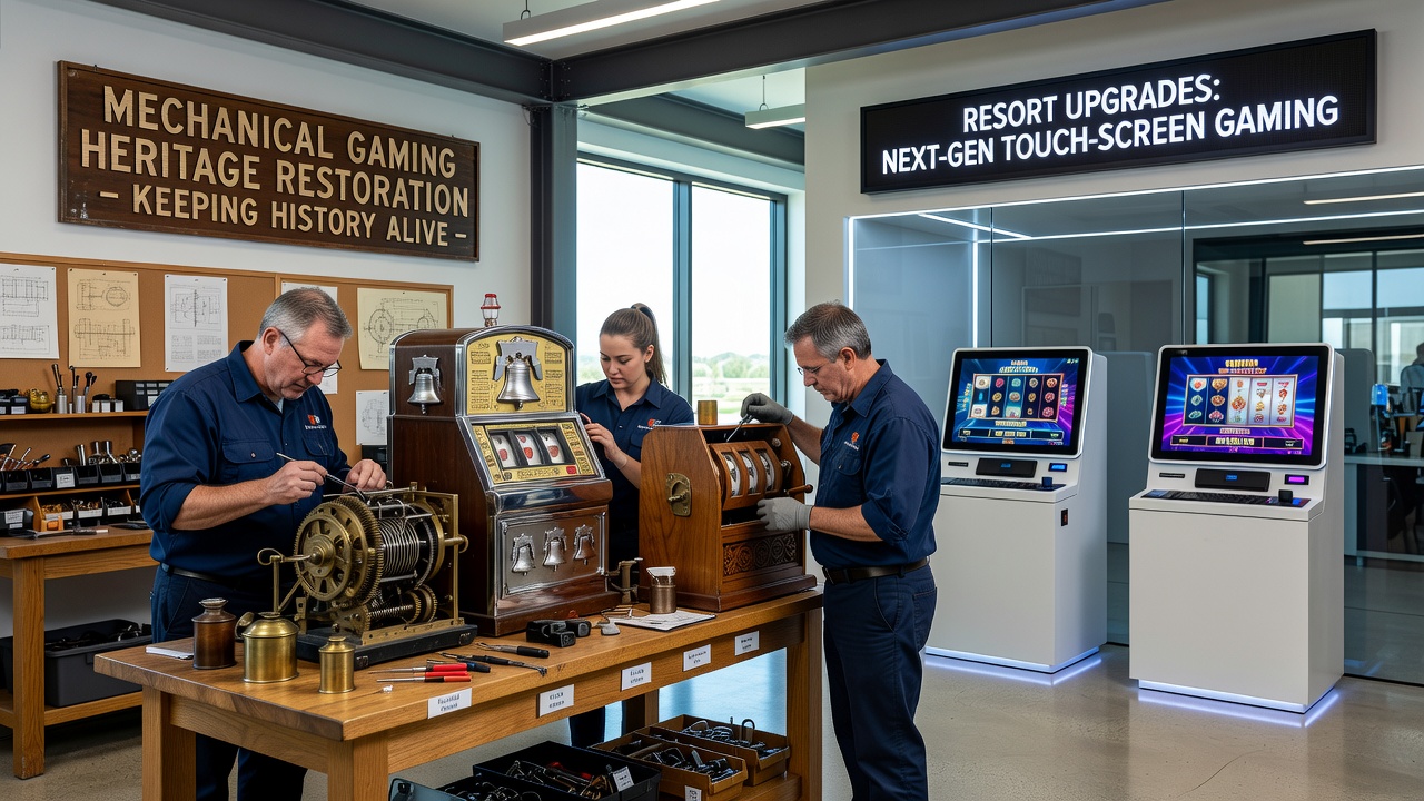 Technician adjusting internal mechanisms on a vintage slot machine during a detailed restoration process in a workshop setting