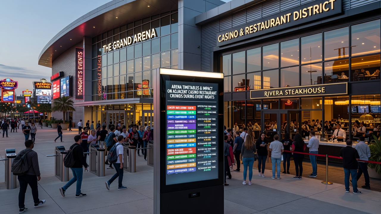 Interior of a busy casino restaurant showing increased table occupancy during an arena event night