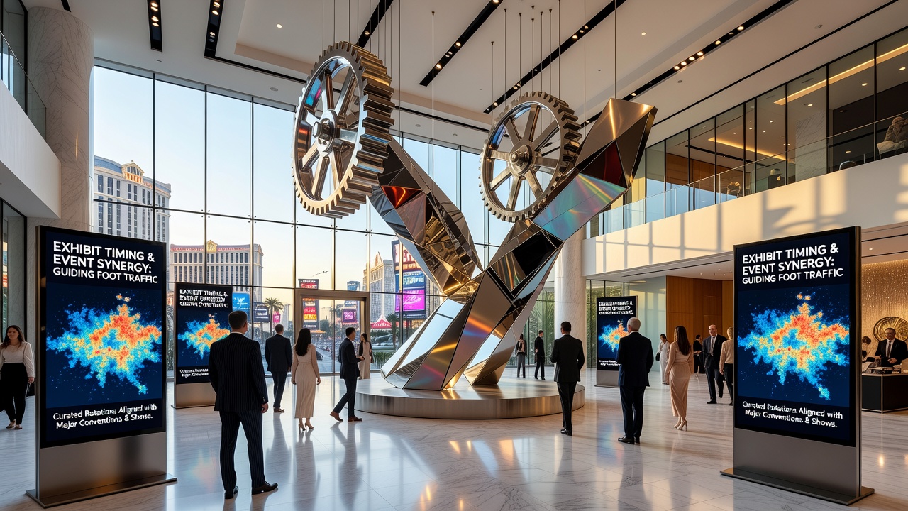 Large-scale rotating art installation displayed in a Las Vegas resort lobby during a major convention period