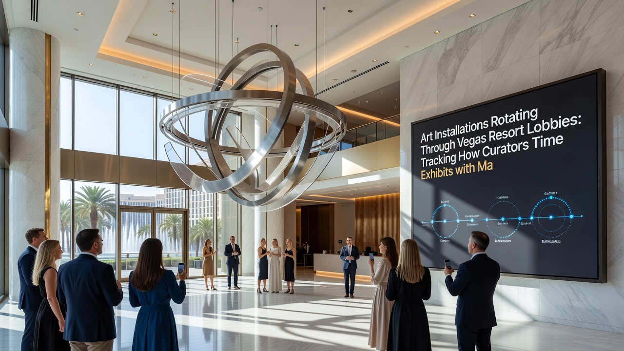 Visitors observing a temporary sculpture exhibit positioned to direct foot traffic toward retail areas in a Las Vegas resort
