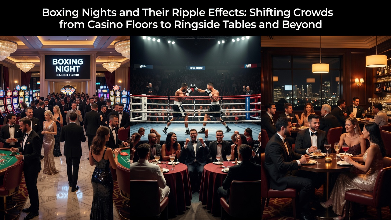 Ringside tables filled with spectators at a Las Vegas boxing match illustrating the shift from casino gaming to live event seating