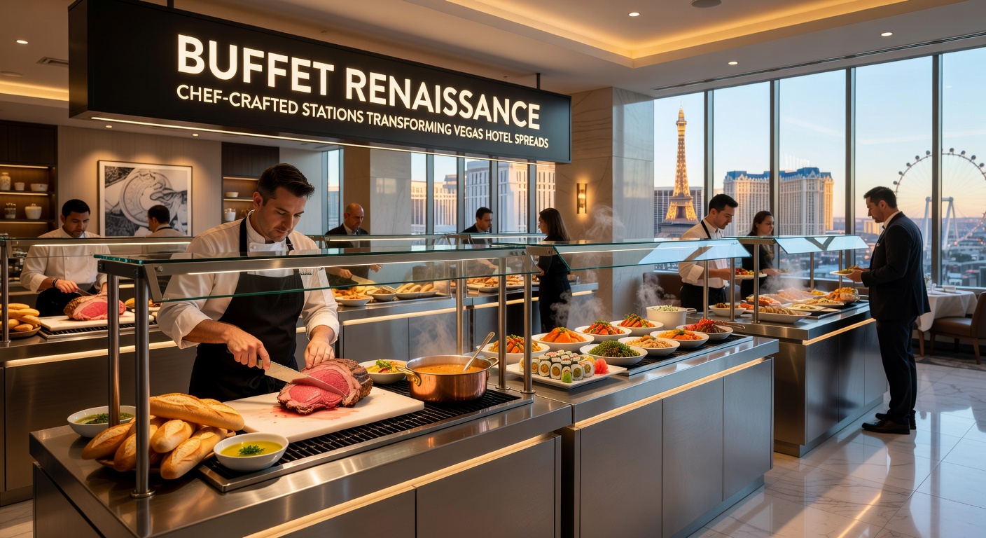 Vibrant chef at a live carving station slicing prime rib amid a bustling Vegas hotel buffet, steam rising from fresh preparations
