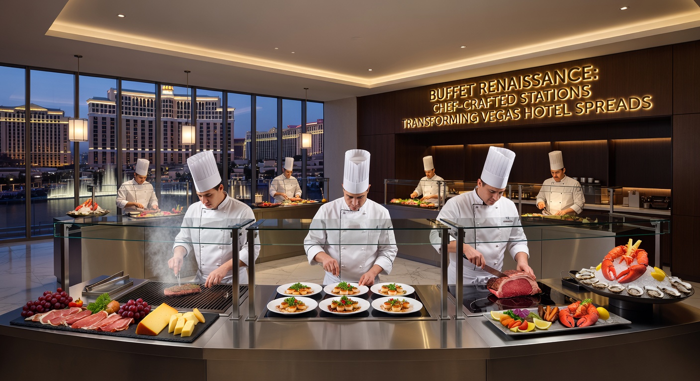 Close-up of a chef-crafted sushi station at a Vegas buffet, with fresh fish rolls being assembled live, colorful ingredients arrayed neatly