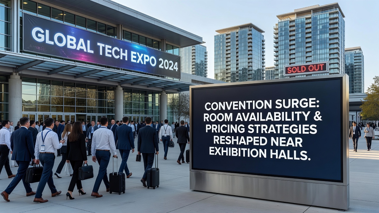 Aerial view of a major exhibition hall with surrounding hotels during a large convention surge