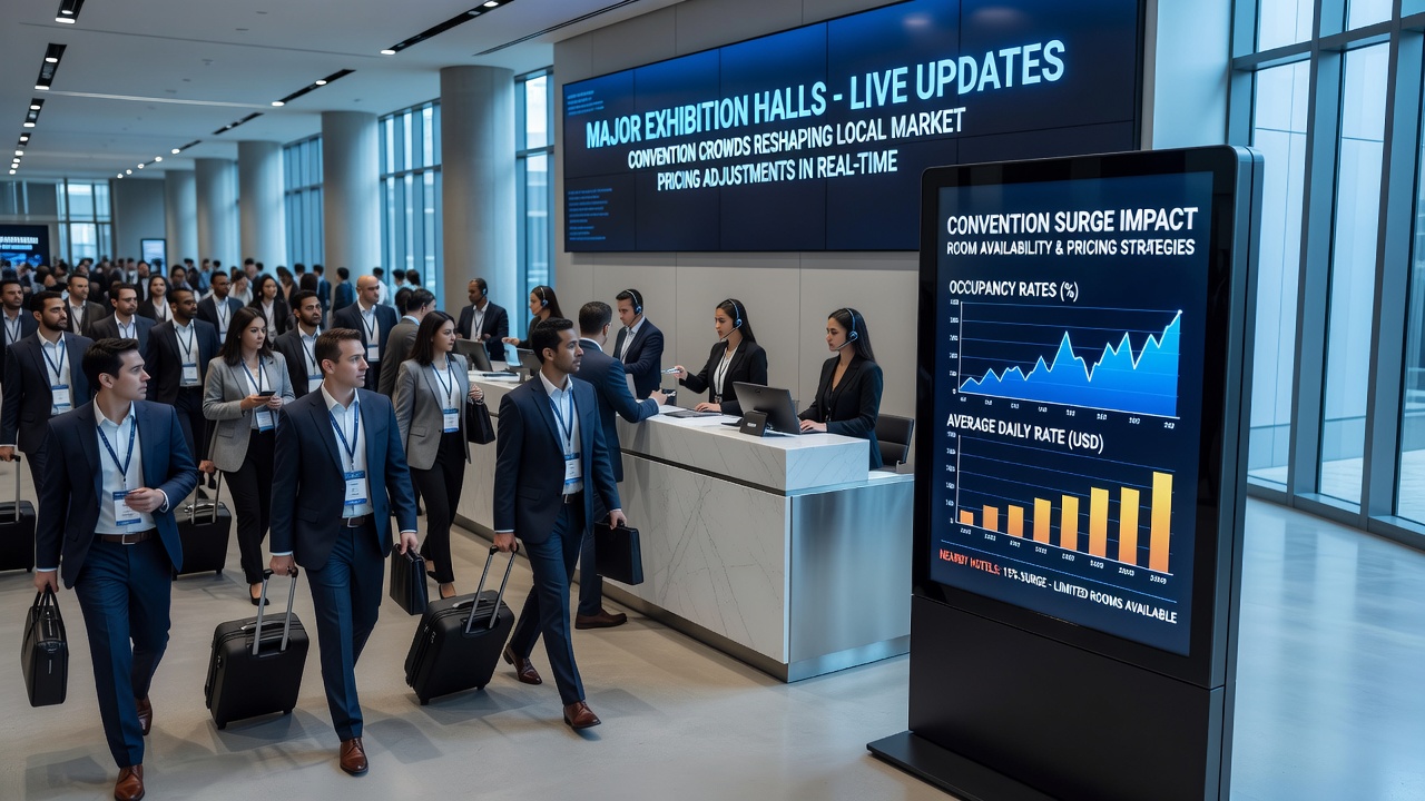 Hotel front desk staff reviewing reservation systems during a convention surge