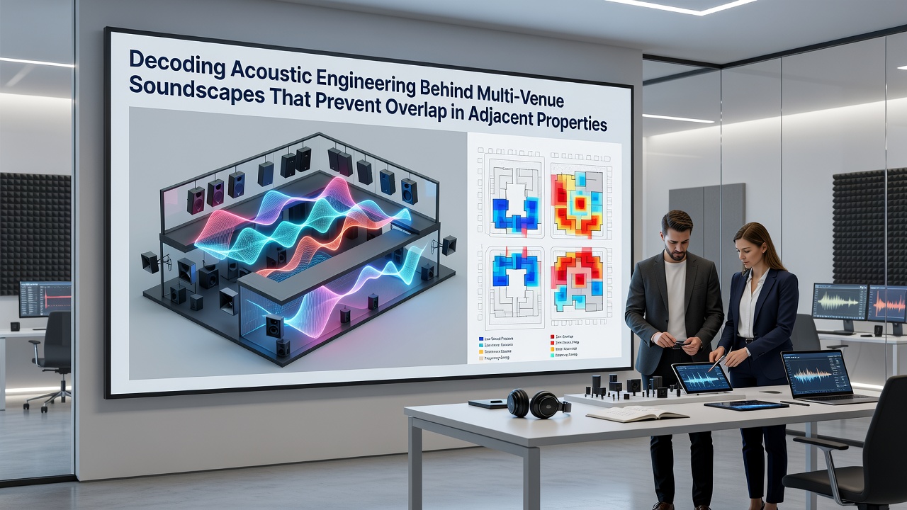 Acoustic engineers installing directional speakers and sound barriers in a multi-venue entertainment complex to control audio overlap between adjacent properties