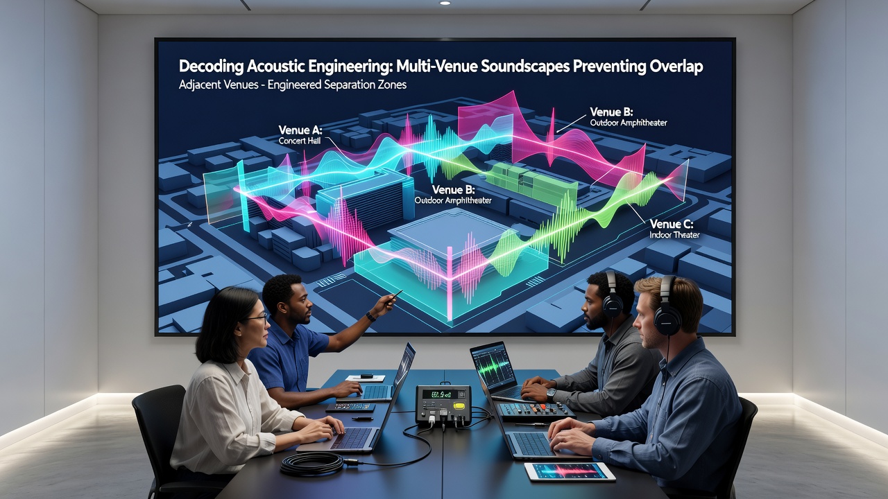 Sound engineers monitoring real-time acoustic data on tablets while testing directional audio arrays between two neighboring performance venues