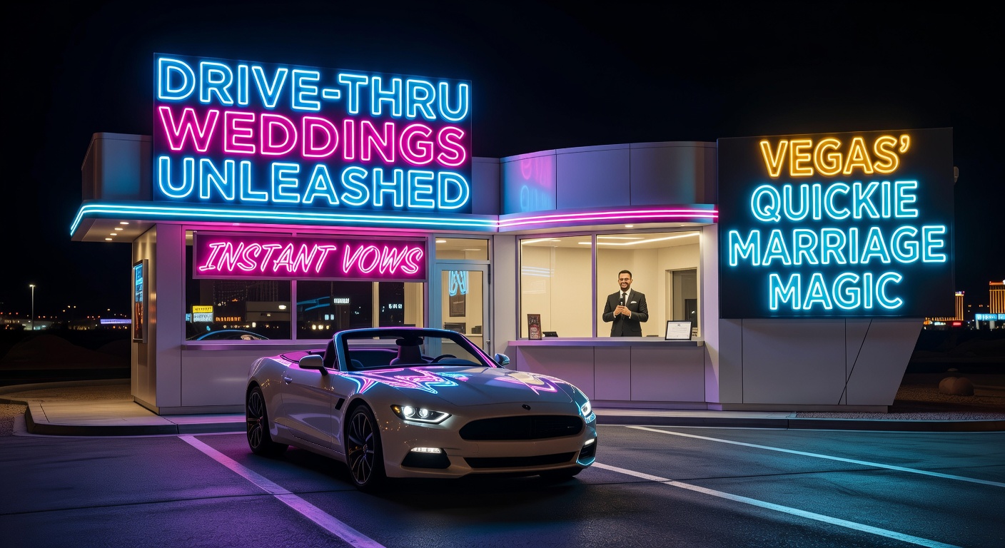 A neon-lit drive-thru wedding chapel in Las Vegas at night, with couples in cars exchanging vows under glowing signs