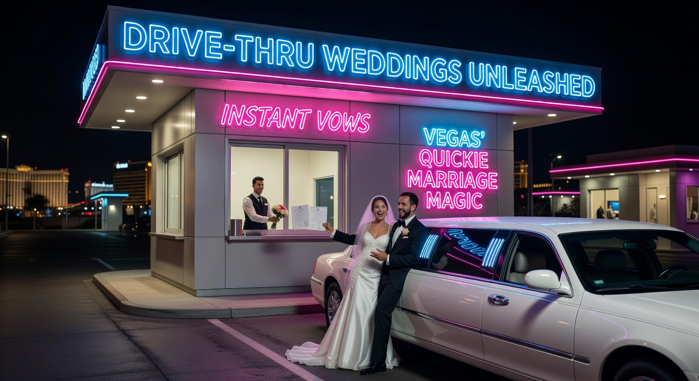 A close-up of a couple exchanging rings at a drive-thru wedding window, neon lights reflecting on their car, with a minister in Elvis attire visible