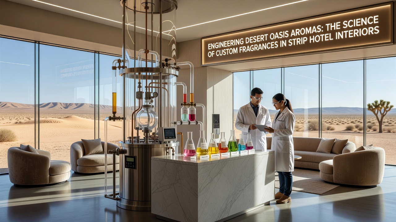 Technicians calibrating scent diffusion equipment in a Las Vegas resort mechanical room