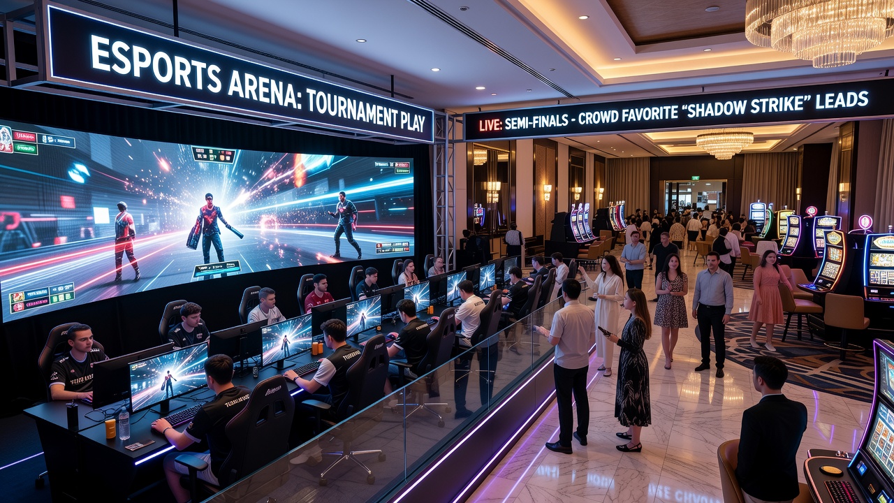 Esports arena integrated into a Las Vegas resort gaming floor with spectators watching a tournament