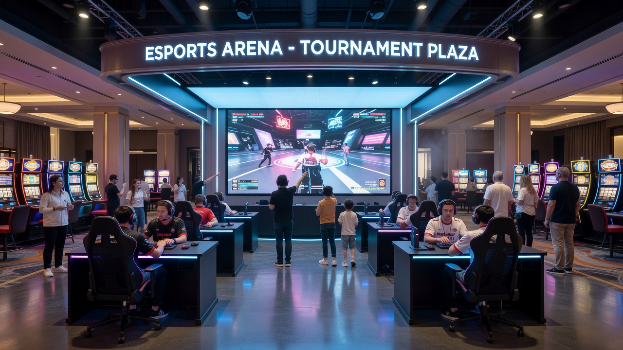 Spectators gathered in an esports arena section adjacent to casino gaming tables during a live tournament
