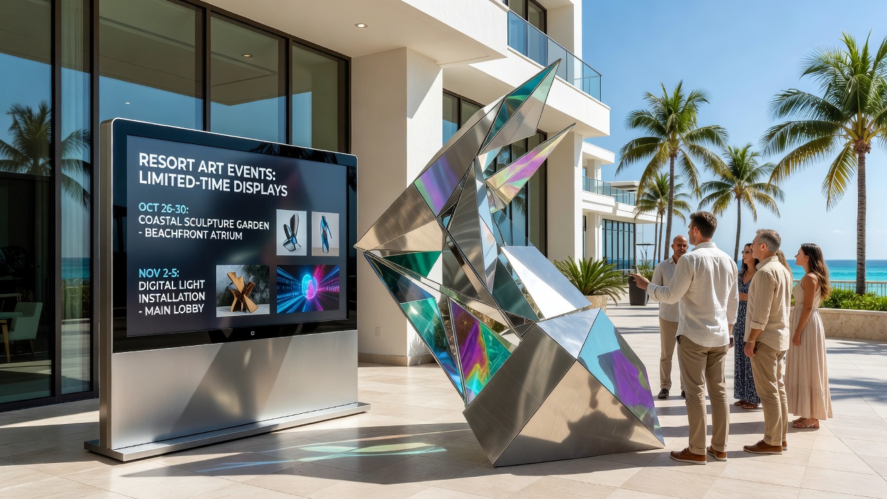 Art installation crew positioning modular display panels in a high-traffic resort plaza ahead of an August event surge
