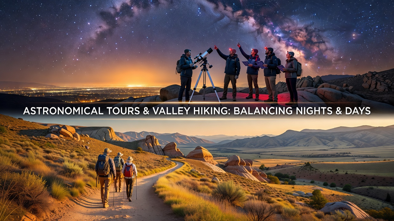 Night sky stargazing tour group observing stars beyond Las Vegas city lights with telescopes set up in a remote desert location