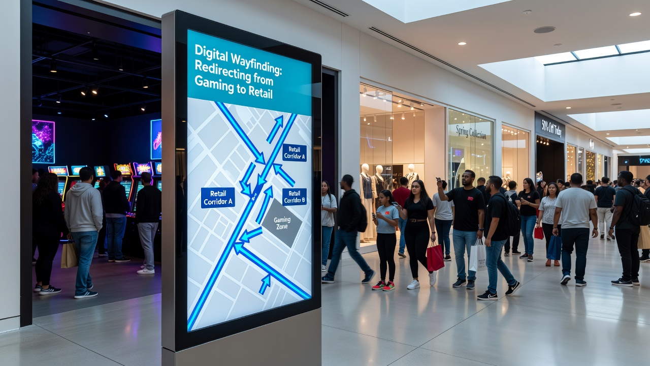 Digital wayfinding kiosk positioned near casino gaming floor directing visitors toward retail corridors