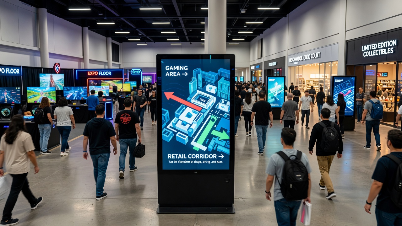Visitors following digital kiosk directions from gaming zones into active retail promenades