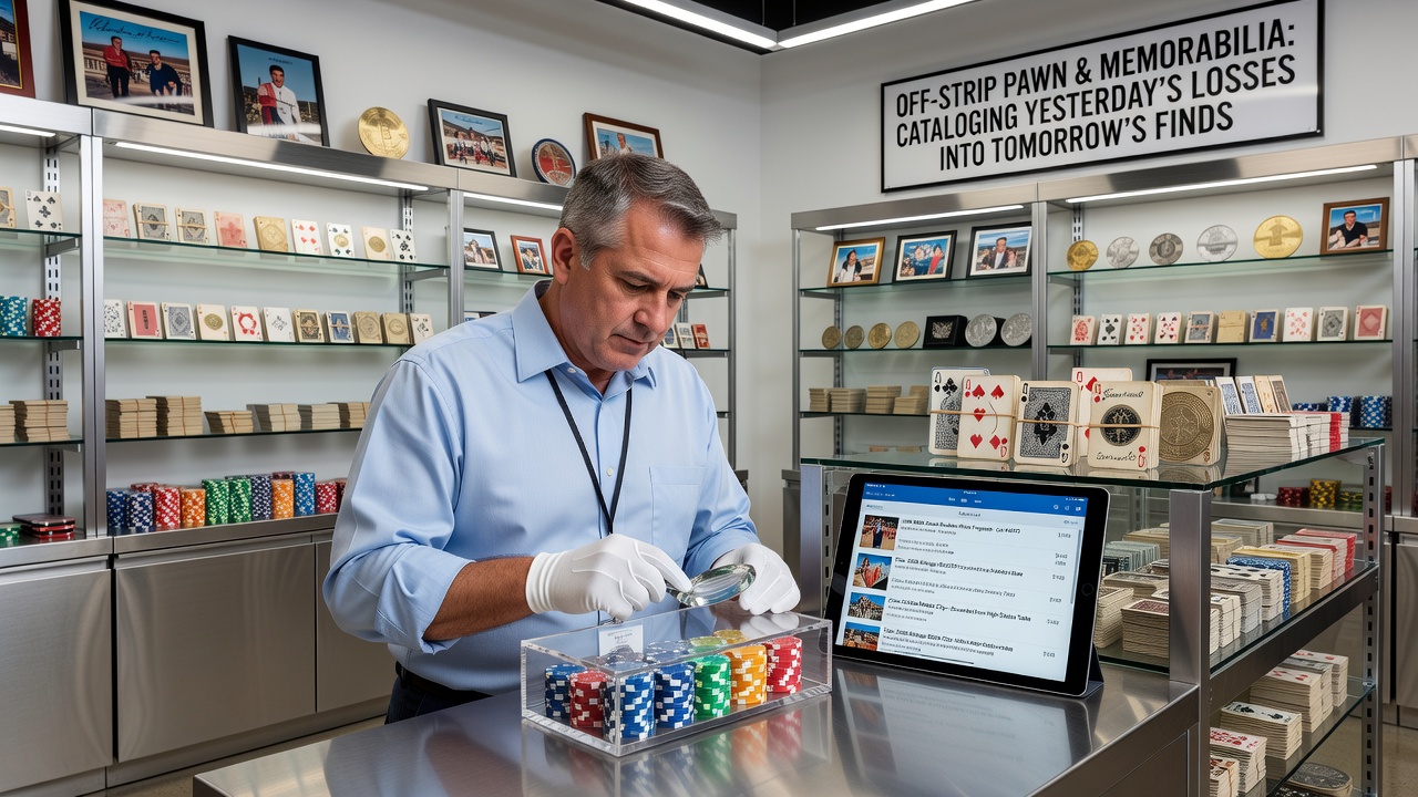 Cataloged high-roller poker chips and resort memorabilia arranged on a broker's work table with digital records visible