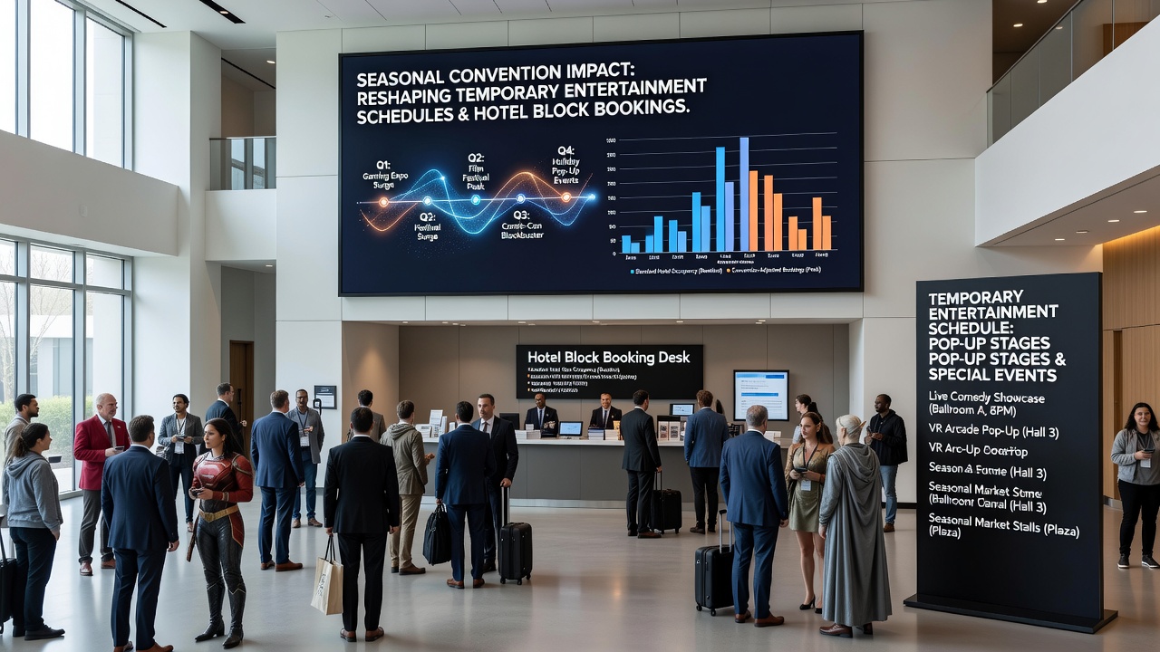 Convention attendees checking into Las Vegas hotel with digital kiosks displaying entertainment options