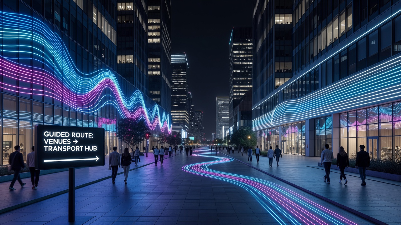 High-rise building facades in Las Vegas displaying synchronized LED light patterns that form directional arrows and flowing lines to guide pedestrians at night