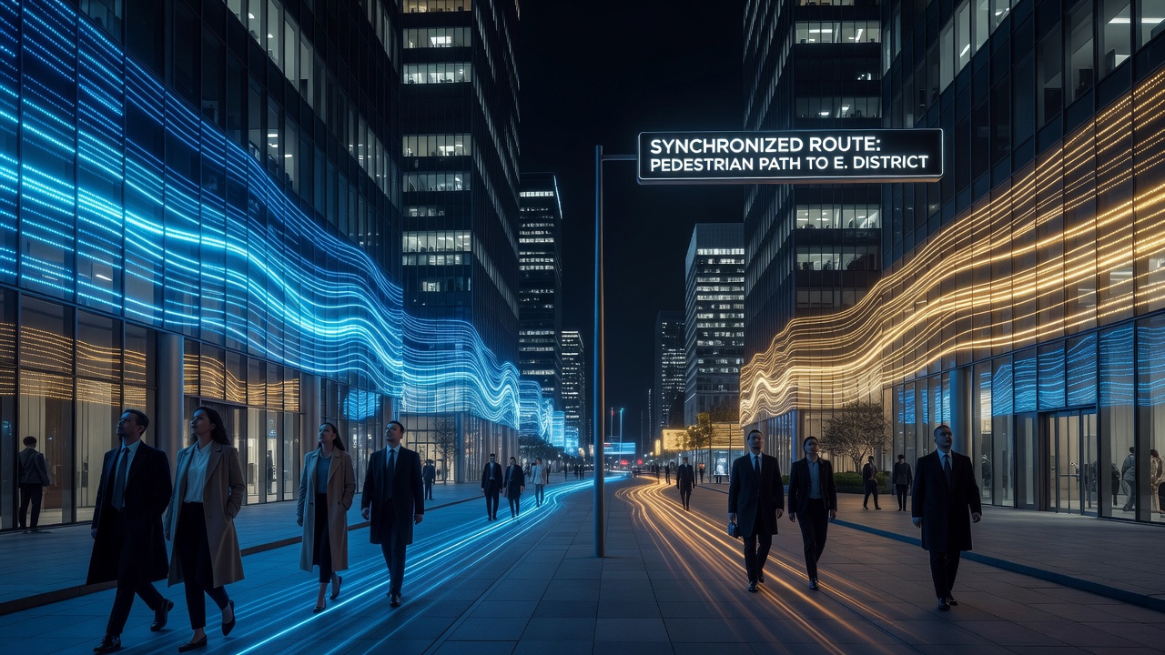 Nighttime view of multiple high-rise towers with flowing light patterns directing crowds toward a transit hub entrance in an urban entertainment district