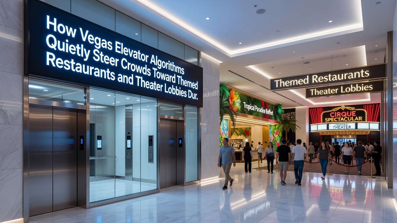 Digital elevator panel showing destination floors near a resort theater entrance