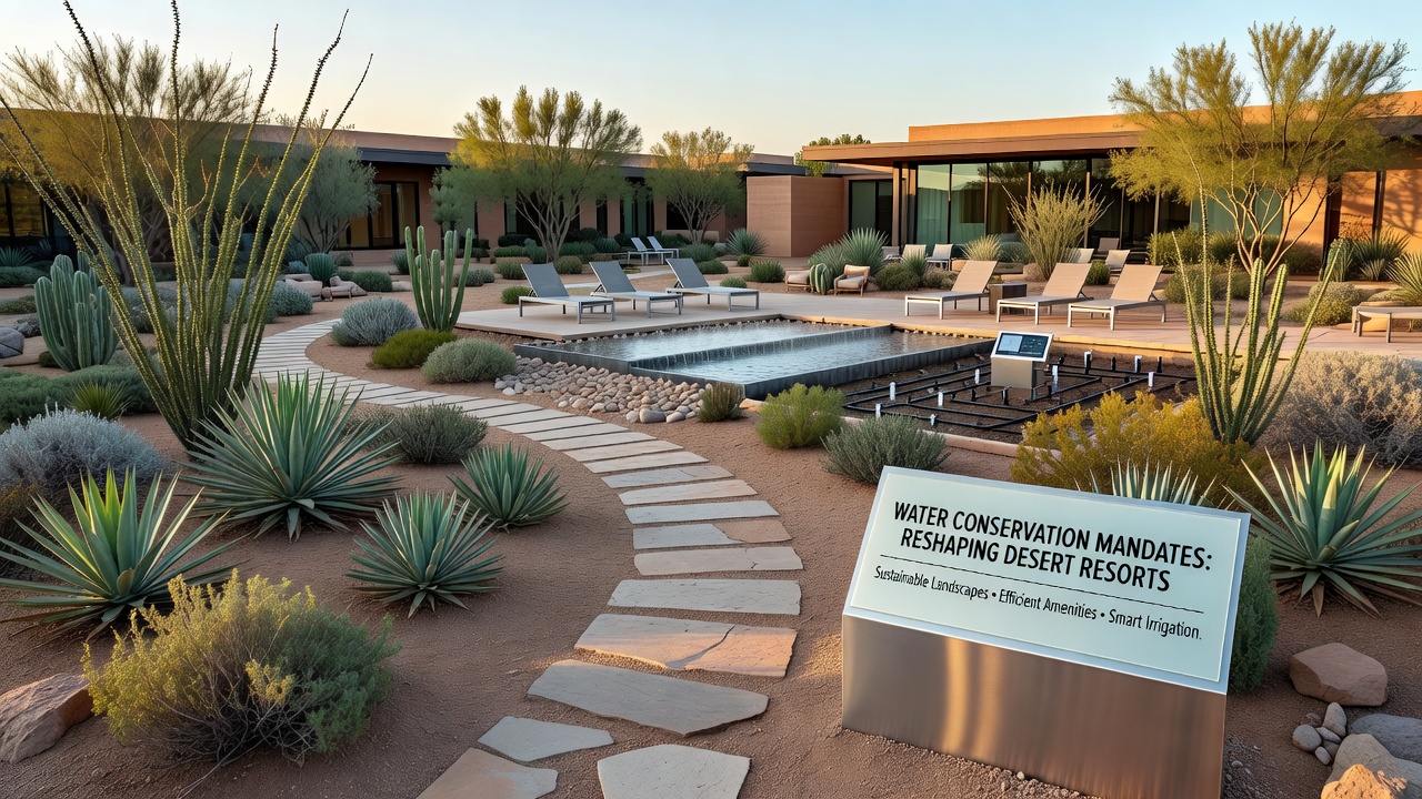 Desert resort landscape with drought-tolerant plants and efficient irrigation systems under clear skies