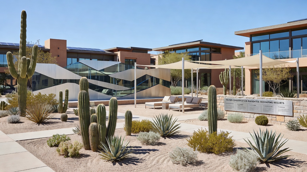 Close-up of smart irrigation controls and native desert plants at a resort property