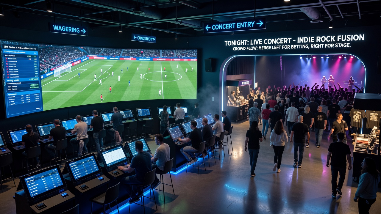 Sports wagering lounge adjacent to a concert venue with crowds moving between betting areas and performance spaces during evening hours