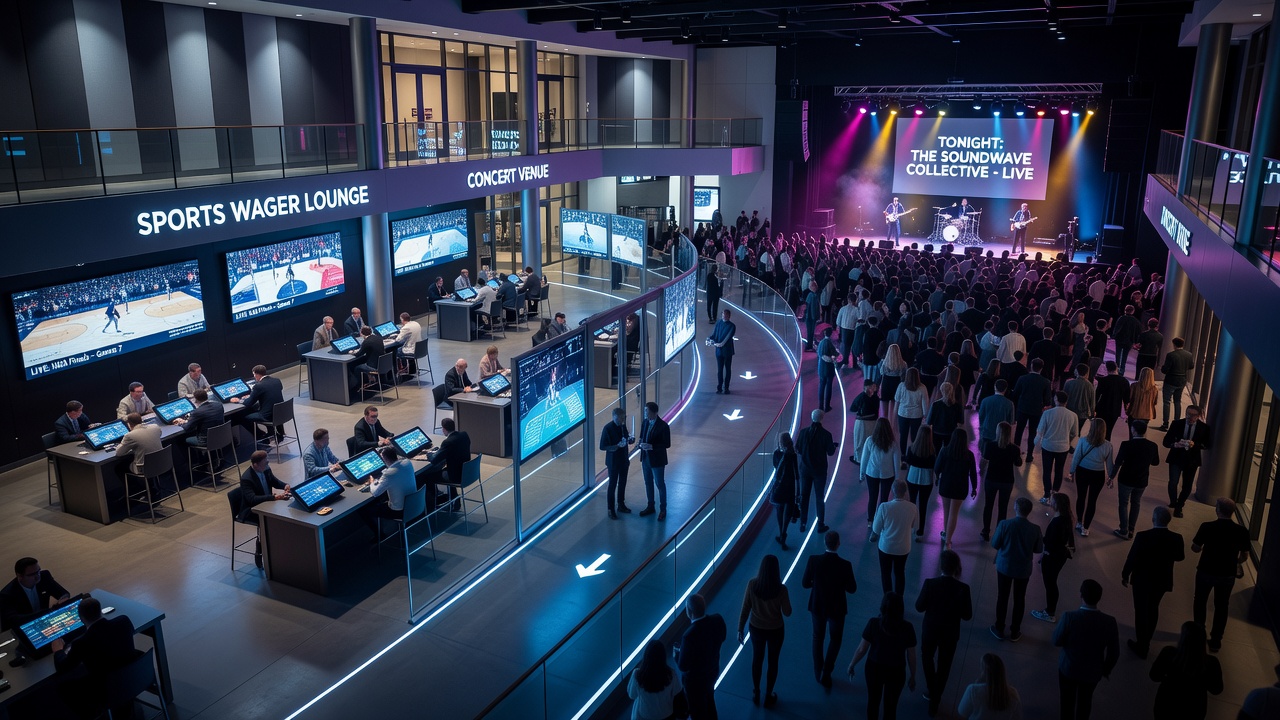 Nighttime view of integrated sports lounge and concert hall with visible crowd pathways and digital signage guiding movement
