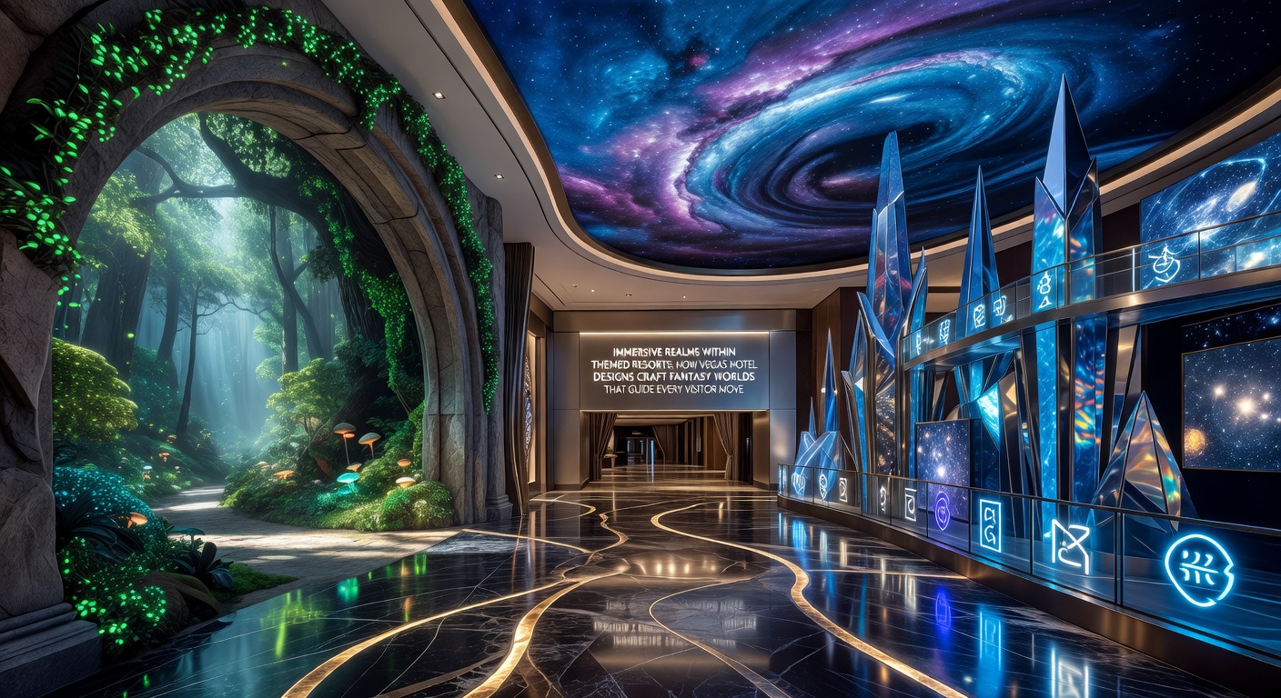 Vegas themed resort immersive design with fantasy elements guiding pathways through detailed architectural features