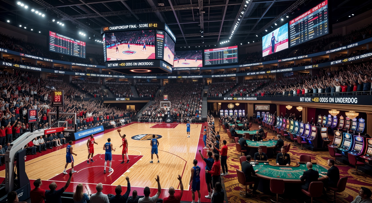 Fans gathered around large screens in a Las Vegas casino sportsbook watching a major sporting event