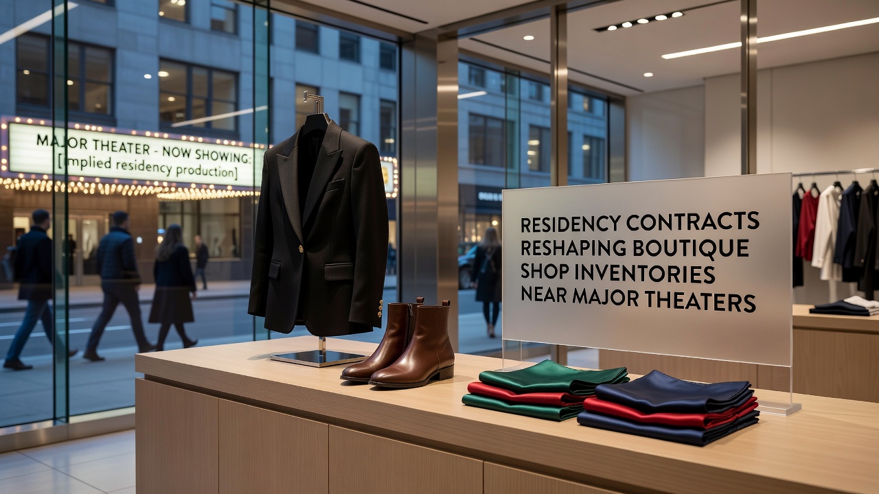 Interior view of a boutique shop adjusting displays to match nearby theater residency themes