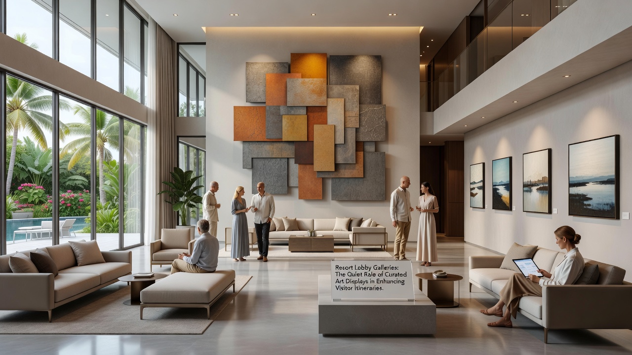 Visitors examining a contemporary sculpture installation in a resort lobby with directional pathways leading toward retail and dining areas