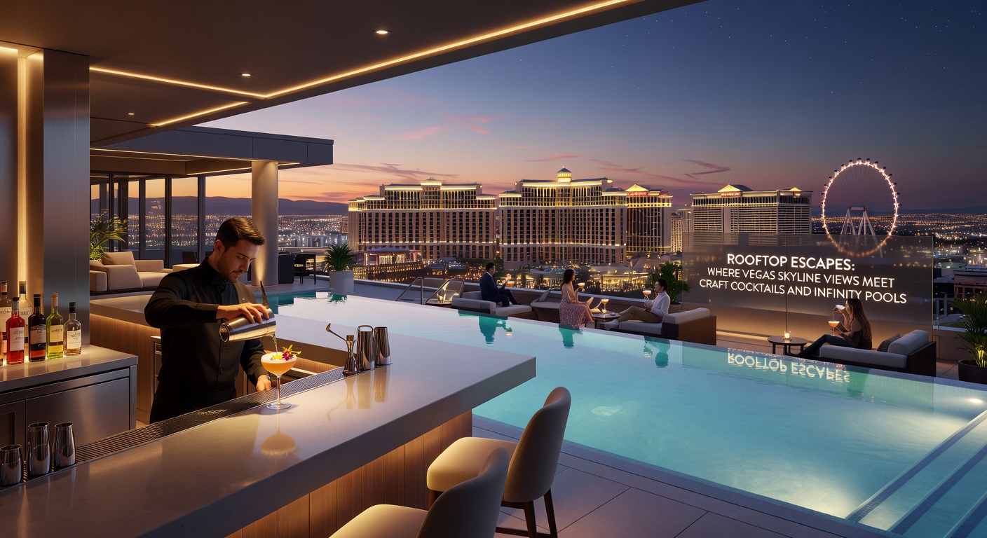 Panoramic view of the Las Vegas Strip from a glowing rooftop infinity pool at dusk, with neon lights reflecting on the water and the skyline stretching endlessly