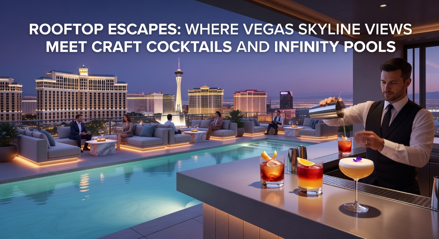 Vibrant rooftop bar scene with guests lounging by an infinity pool, craft cocktails in hand, and the Las Vegas skyline twinkling in the background at night