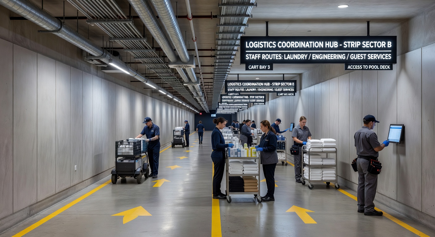 Underground service tunnel network connecting multiple resort properties on the Las Vegas Strip with staff pathways and logistics corridors