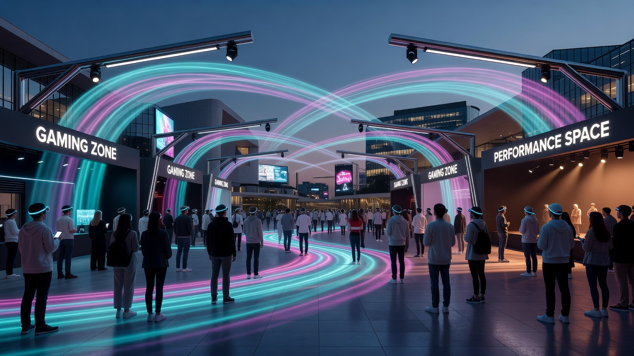 Shifting colored light patterns projected across a crowded Las Vegas casino floor directing visitors toward adjacent theater entrances during peak evening hours