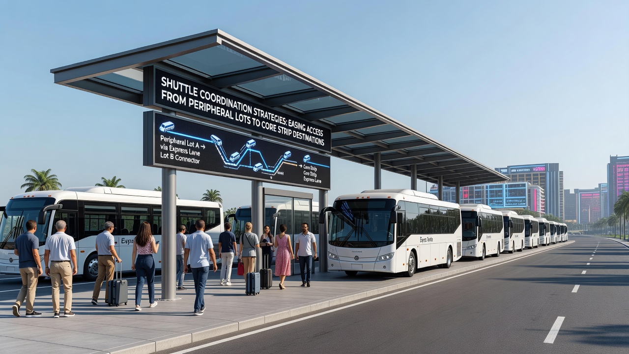 Coordinated shuttle boarding area with digital signage directing visitors to core Strip destinations