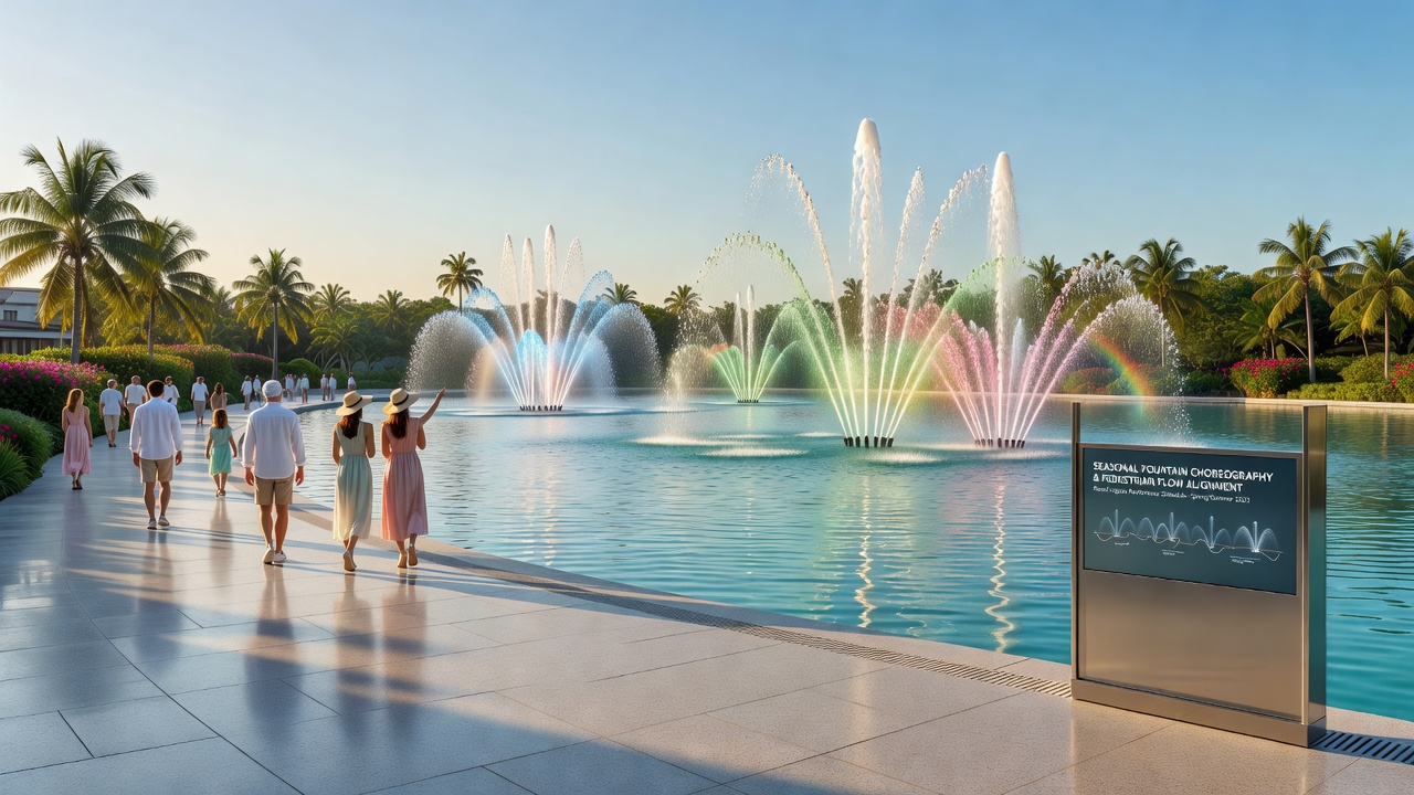 Pedestrian pathways beside resort lagoons during an evening fountain performance with crowd flow patterns visible