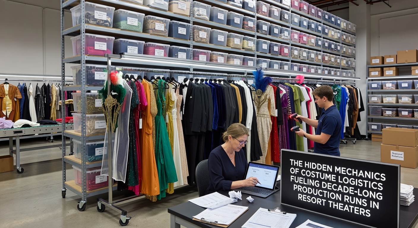 Technicians inspecting and cataloging elaborate show costumes in a resort theater workshop
