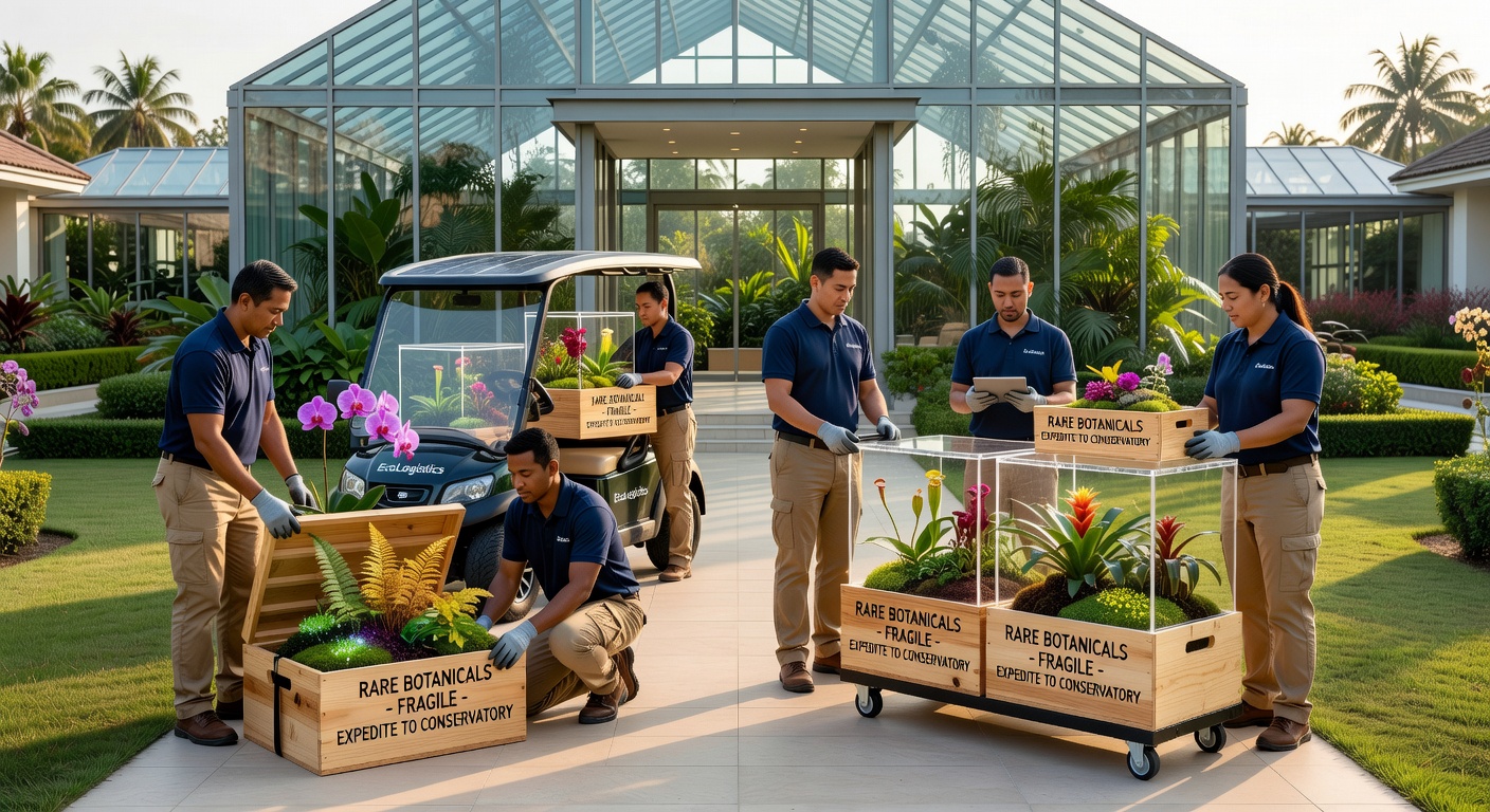 Workers handling climate-controlled crates of rare orchids and succulents at a Las Vegas resort loading dock