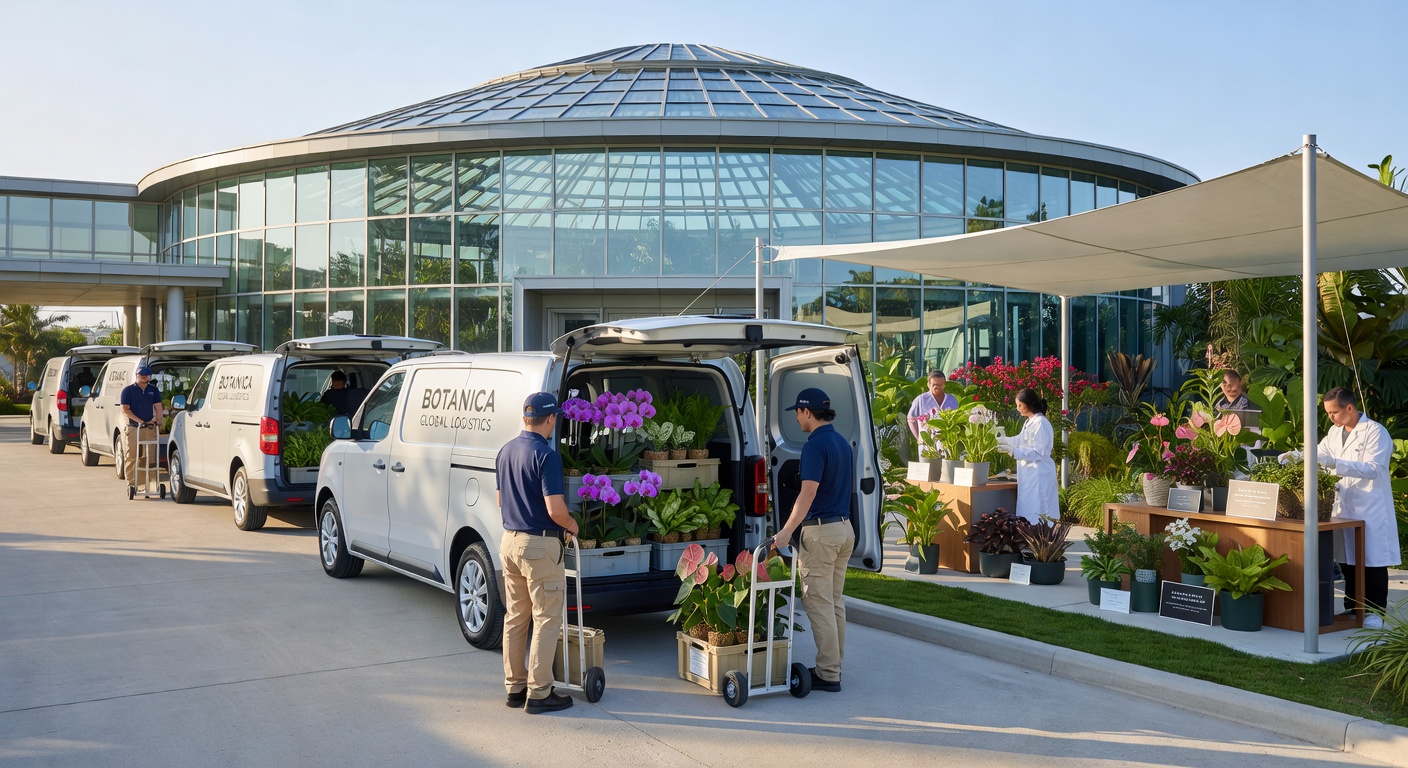 Technicians monitoring temperature and humidity levels inside a resort conservatory during botanical installation