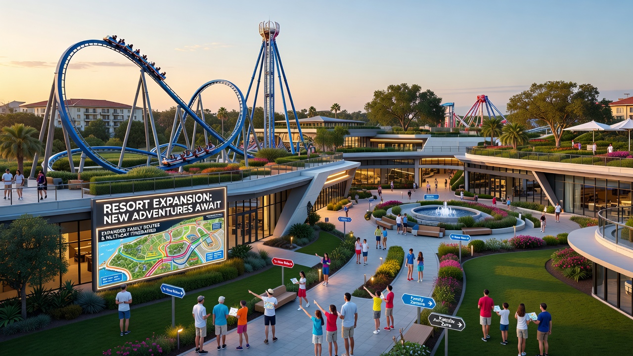 Families navigating expanded theme park pathways at a Las Vegas resort with multi-day itinerary maps displayed