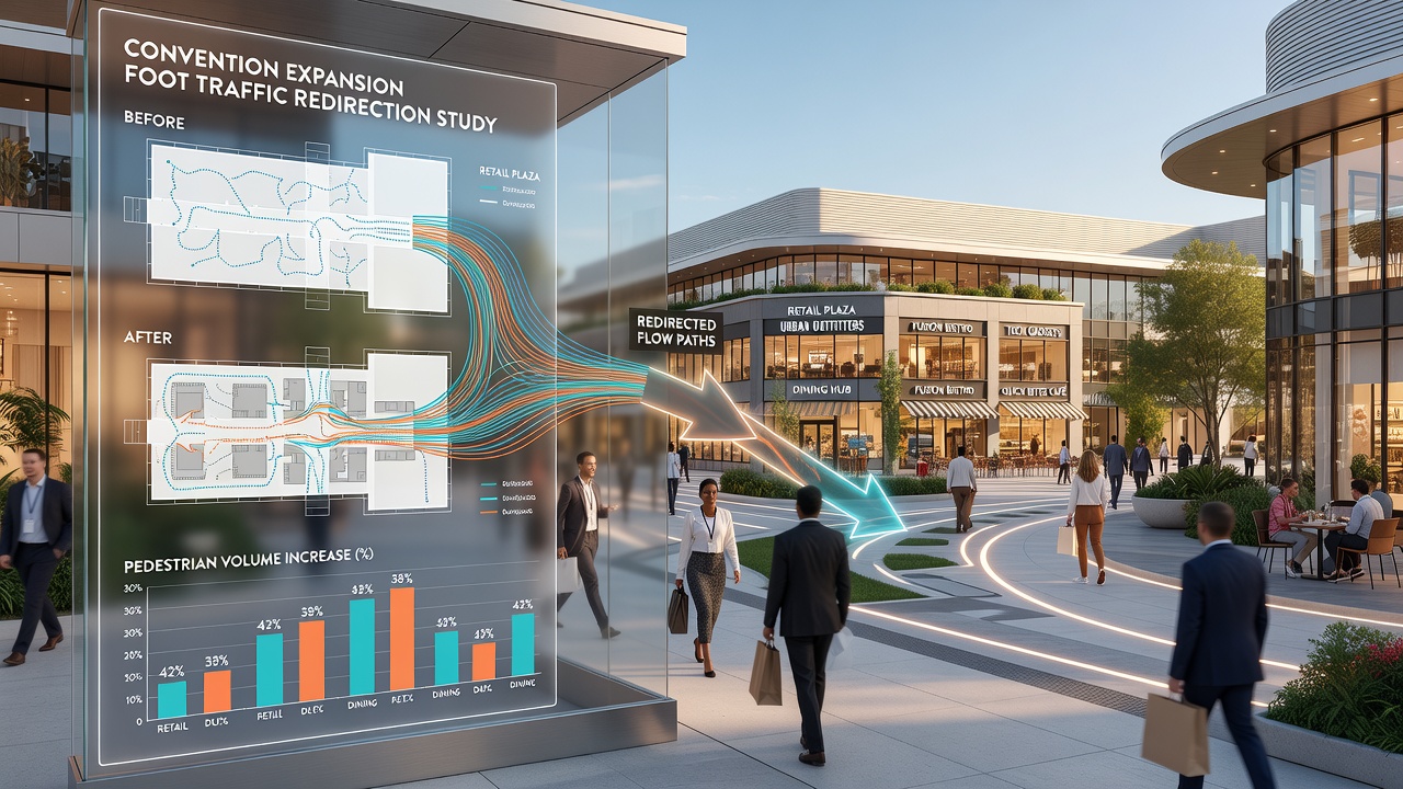 Pedestrians moving from convention facilities into bustling dining hubs and retail plazas on the Las Vegas Strip