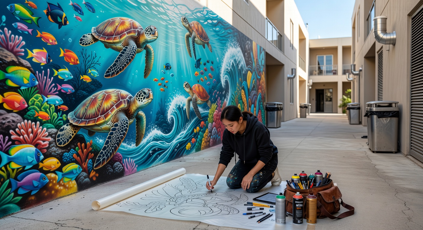Street art mural in a service alley behind a Las Vegas resort property showing vibrant geometric patterns and local themes