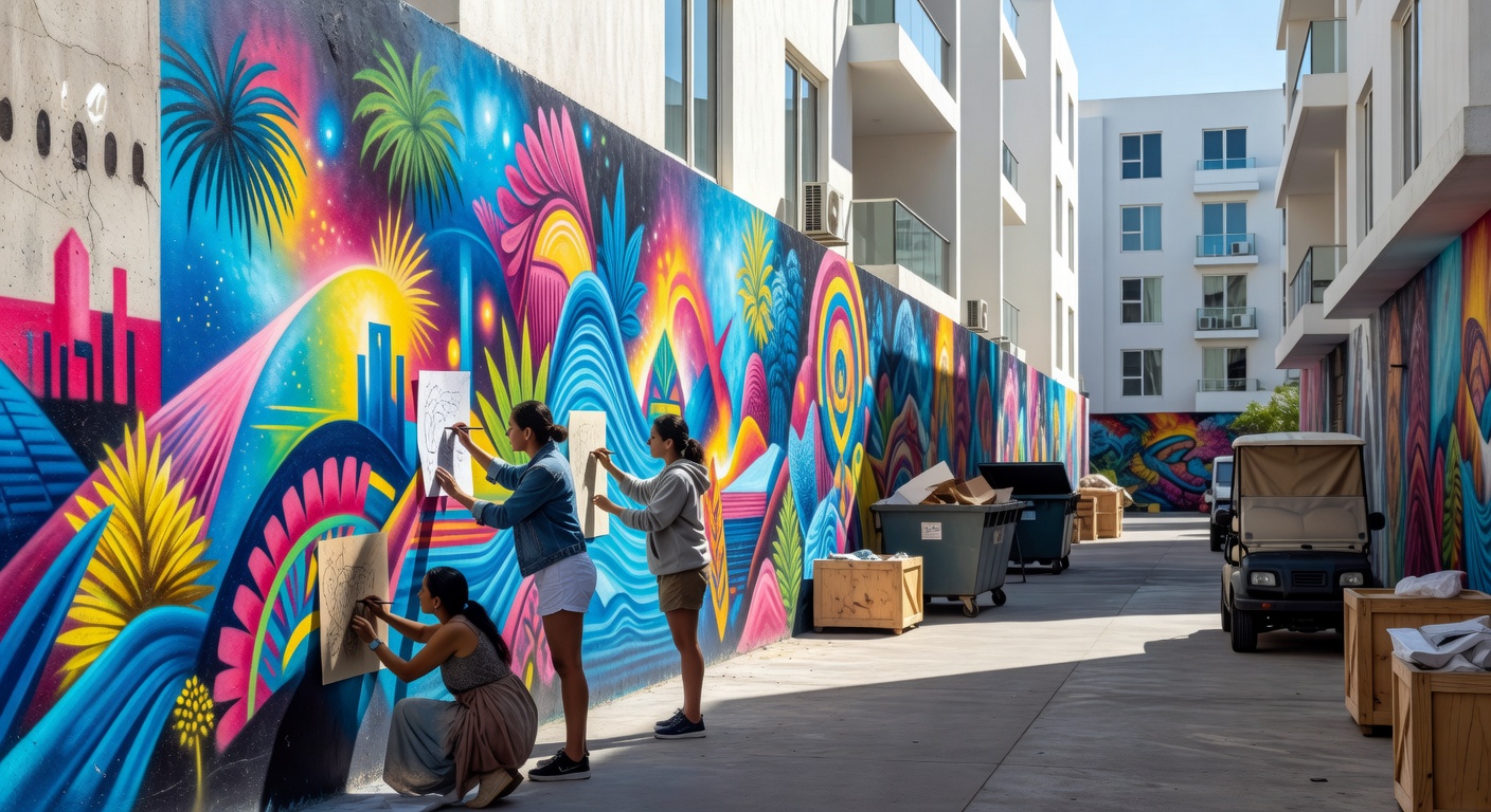 Detailed view of a colorful mural depicting abstract desert landscapes in a Las Vegas service alley