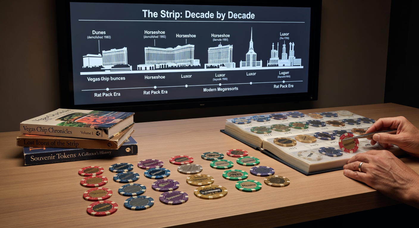 Vintage Vegas casino chips from the 1970s and 1980s displayed alongside modern designs showing changes in color, logos, and security features