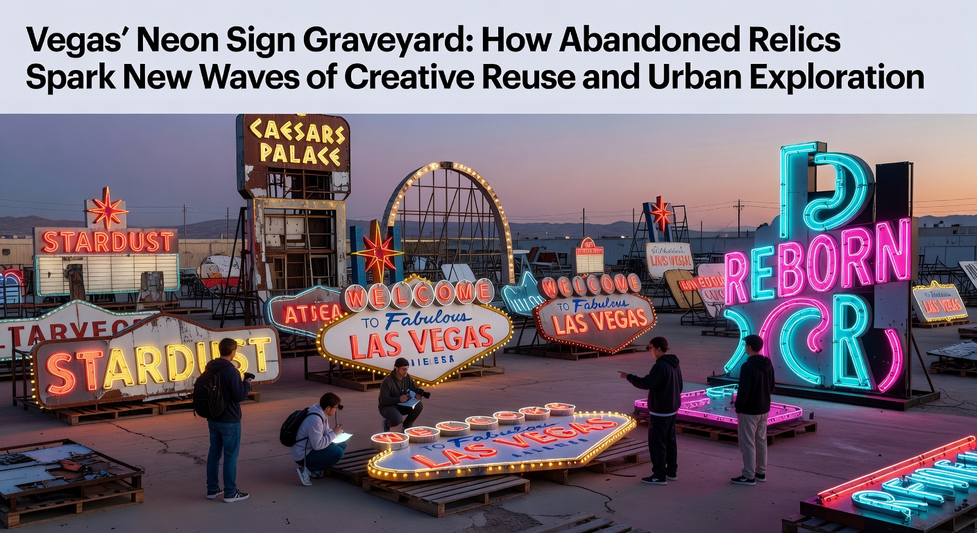Vintage neon signs stored in rows at the Neon Museum boneyard under bright desert sunlight